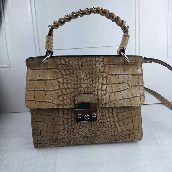 Claudia Firenze Croc Embossed Leather Cream Colored Satchel/ Bag - Picture 1 of 16